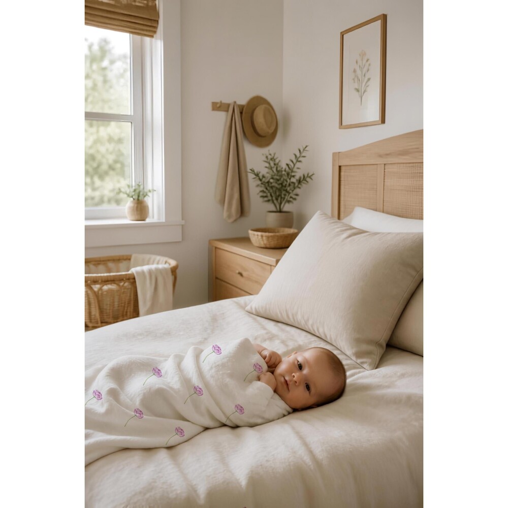 Natural Fibers Organic Baby Blanket | Minimalist Watercolor Flower Pink Peony